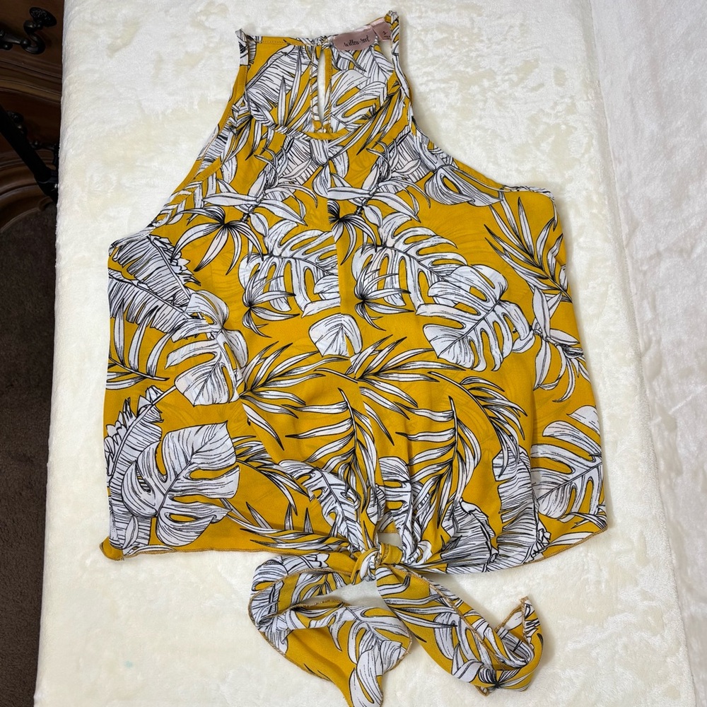 Women’s Willow Root Yellow and White Tropical Leaf Halter Tank Tie Front Size 2